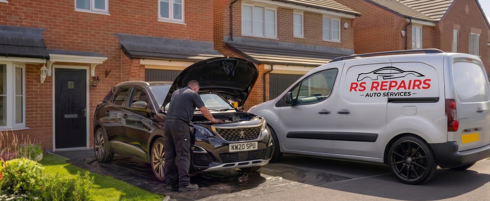 RS Repairs mobile mechanic working on a car in a customer driveway in County Durham